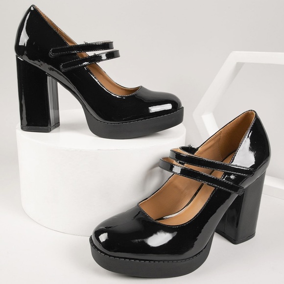 Black Patent Dual Strap Mary Jane Platform Chunky Pumps - Picture 3 of 11